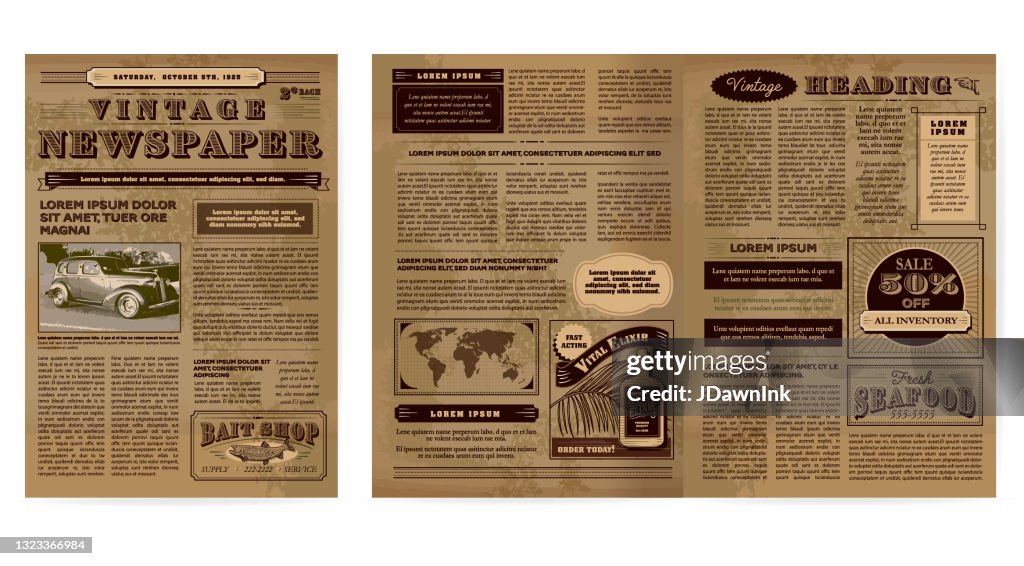Vintage or old fashioned worn Newspaper layout includes front page and inside layout design template