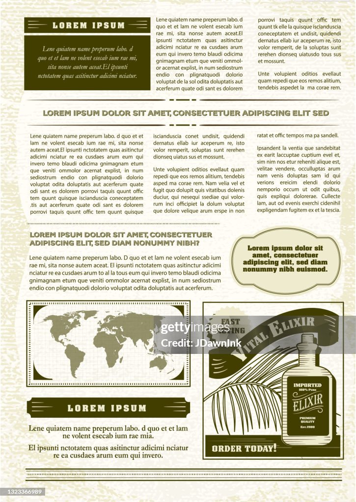 Vintage or old fashioned worn Newspaper layout includes page with headline design template