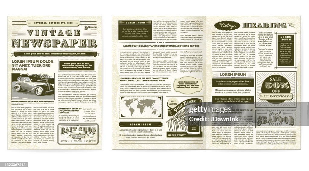 Vintage or old fashioned worn Newspaper layout includes front page and inside layout design template