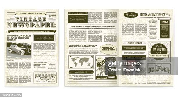 vintage or old fashioned worn newspaper layout includes front page and inside layout design template - paper sculpture stock illustrations