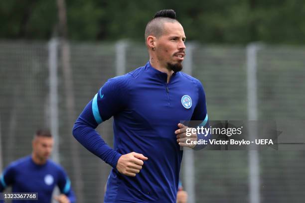 Marek Hamsik of Slovakia looks on during the Slovakia Training Session ahead of the Euro 2020 Group E match between Poland and Slovakia at Saint...