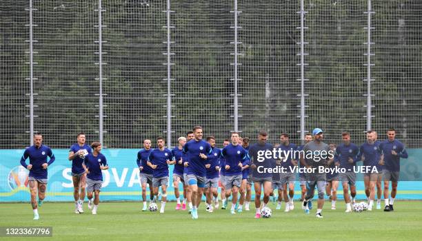 Players of Slovakia warm up during the Slovakia Training Session ahead of the Euro 2020 Group E match between Poland and Slovakia at Saint Petersburg...