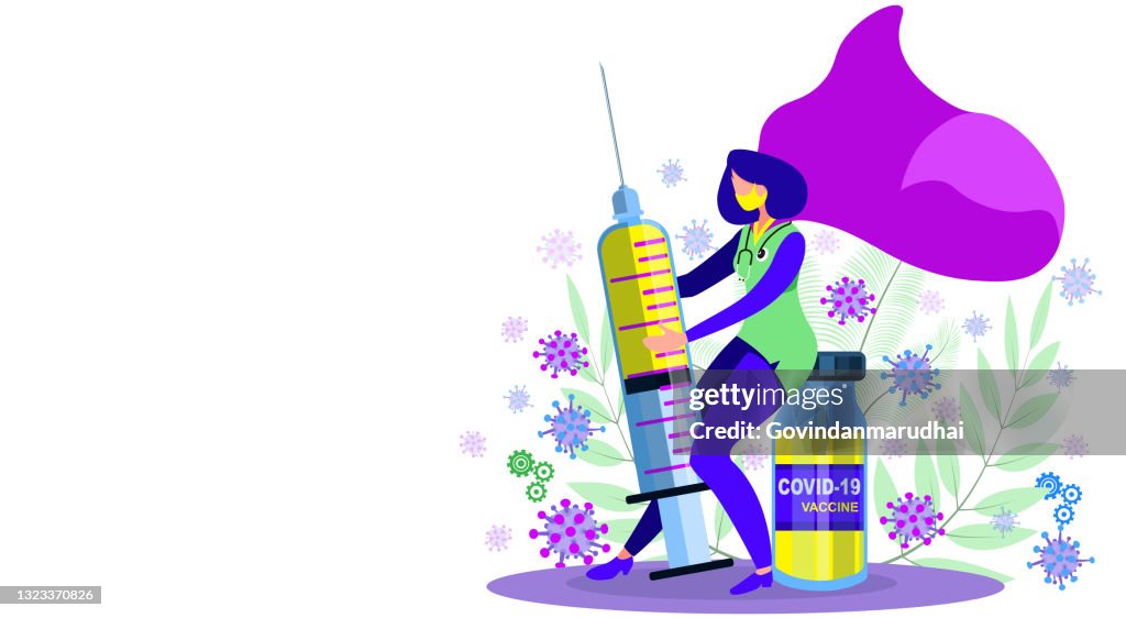 Coronavirusvaccinatie, arts die een patiënt injecteert en de eerste injectie krijgt van covid-vaccin in armspier. Arts in beschermend kostuum en masker, proces van immunisatie tegen covid-19