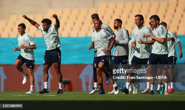 Players of Spain in action during the Spain Training Session ahead of the Euro 2020 Group E match between Spain and Sweden at Estadio La Cartuja on...