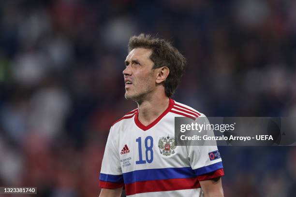 Yuri Zhirkov of Russia reacts during the UEFA Euro 2020 Championship Group B match between Belgium and Russia on June 12, 2021 in Saint Petersburg,...