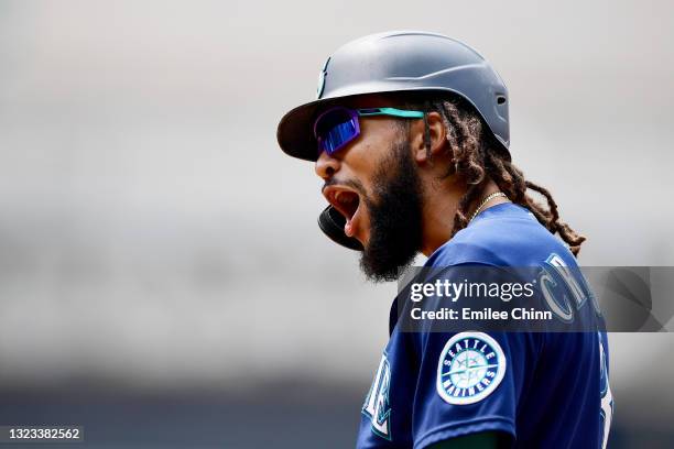 Crawford of the Seattle Mariners celebrates his single in the sixth inning during their game against the Cleveland Indians at Progressive Field on...