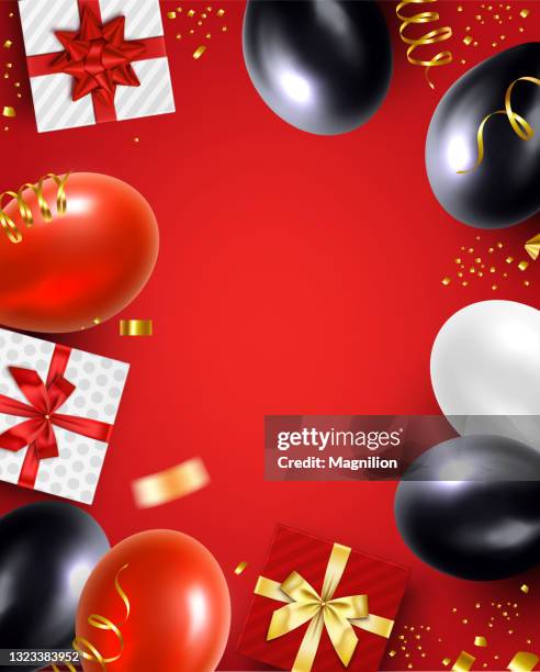 holiday balloons and gifts red background - birthday-balloons-background stock illustrations