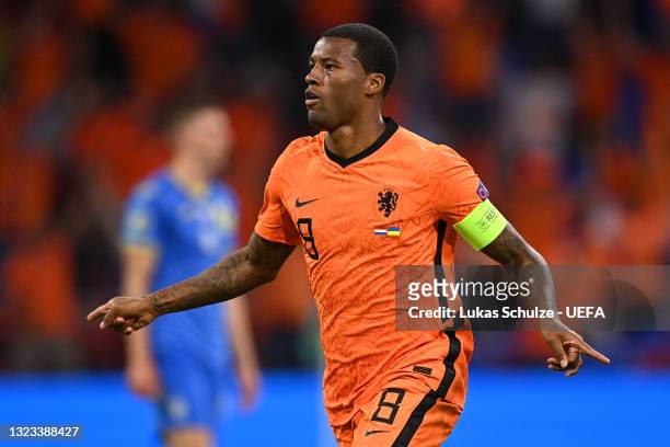 Georginio Wijnaldum of Netherlands celebrates after scoring their side's first goal during the UEFA Euro 2020 Championship Group C match between...