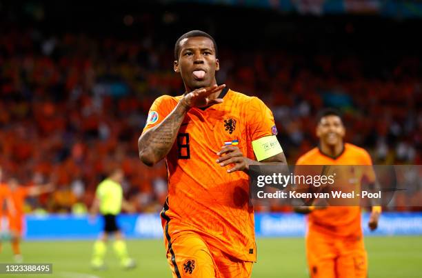 Georginio Wijnaldum of Netherlands celebrates after scoring their side's first goal during the UEFA Euro 2020 Championship Group C match between...