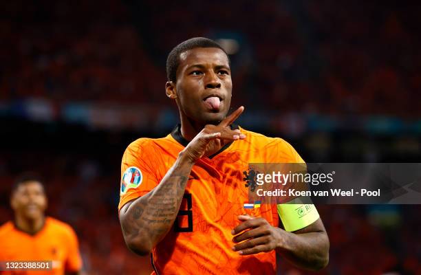 Georginio Wijnaldum of Netherlands celebrates after scoring their side's first goal during the UEFA Euro 2020 Championship Group C match between...