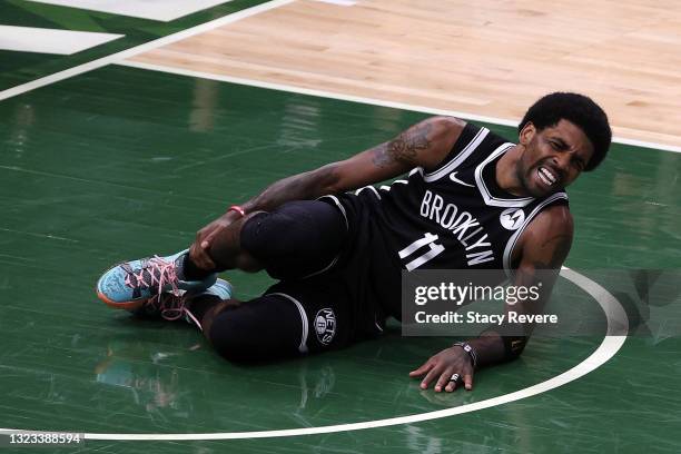 Kyrie Irving of the Brooklyn Nets is injured during the first half of Game Four of the Eastern Conference second round playoff series against the...