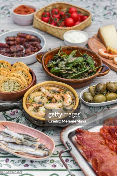 summer table with variety of spanish tapas food plates - tapas stock pictures, royalty-free photos & images