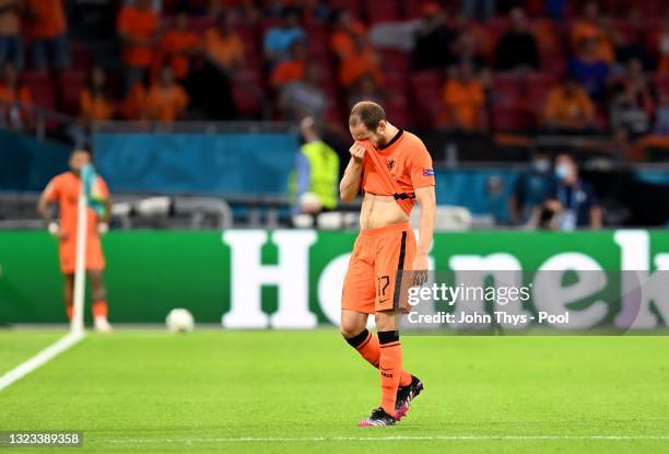 Daley Blind of Netherlands reacts as he leaves the pitch during the UEFA Euro 2020 Championship Group C match between Netherlands and Ukraine at the...