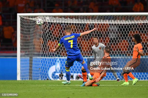 Andriy Yarmolenko of Ukraine scores their side's first goal during the UEFA Euro 2020 Championship Group C match between Netherlands and Ukraine at...