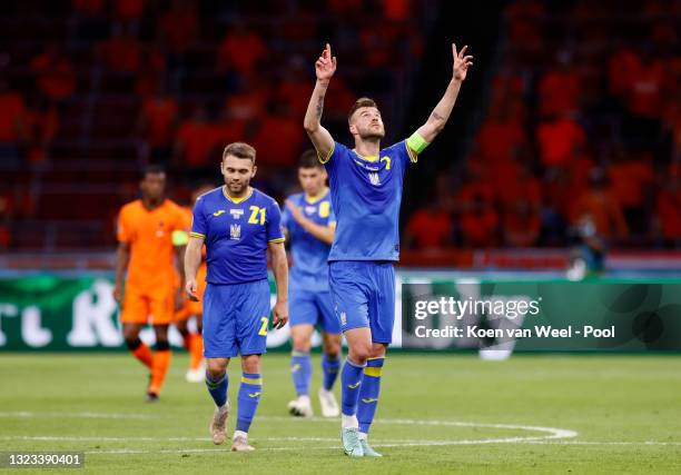 Andriy Yarmolenko of Ukraine celebrates after scoring their side's first goal during the UEFA Euro 2020 Championship Group C match between...