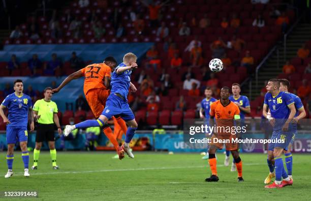 Denzel Dumfries of Netherlands scores their side's third goal during the UEFA Euro 2020 Championship Group C match between Netherlands and Ukraine at...