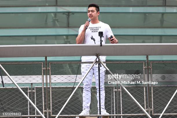 Schuyler Bailar speaks during the Brooklyn Liberation's Protect Trans Youth event at the Brooklyn Museum on June 13, 2021 in the Brooklyn borough in...