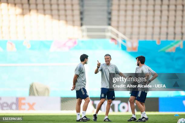 Head coach of Spain Luis Enrique reacts during the training session ahead of the Euro 2020 group match between Spain and Sweden at Estadio La Cartuja...