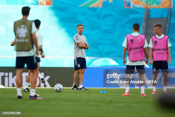 Head coach of Spain Luis Enrique reacts during the training session ahead of the Euro 2020 group match between Spain and Sweden at Estadio La Cartuja...