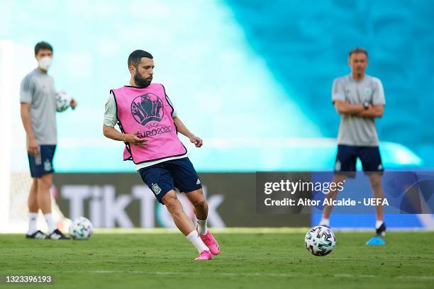 Jordi Alba of Spain in action during the training session ahead of the Euro 2020 group match between Spain and Sweden at Estadio La Cartuja on June...
