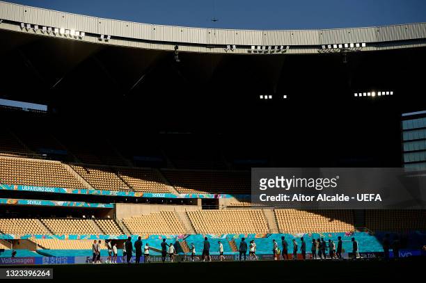 General view of the Spain training session ahead of the Euro 2020 group match between Spain and Sweden at Estadio La Cartuja on June 13, 2021 in...