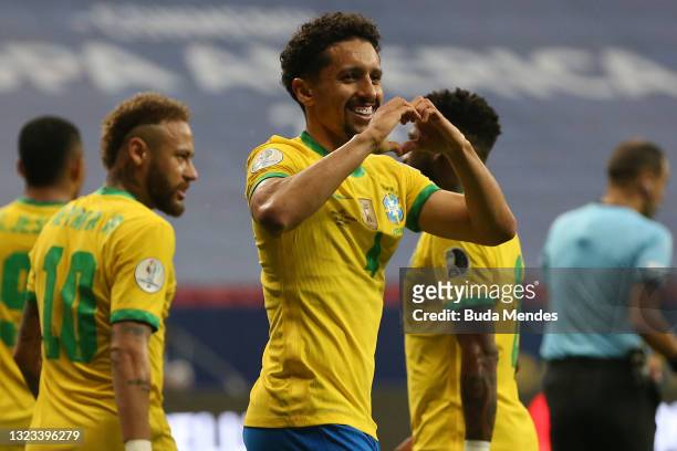 Marquinhos of Brazil celebrates after scoring the first goal of his team during a Group B match between Brazil and Venezuela as part of Copa America...