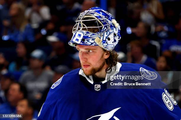 Andrei Vasilevskiy of the Tampa Bay Lightning looks on during a stoppage against the New York Islanders during the third period in Game One of the...