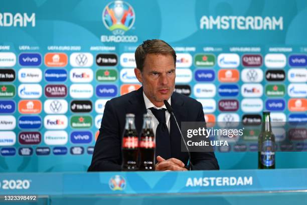 In this Handout picture provided by UEFA, Frank de Boer, Head Coach of Netherlands speaks to the media during the Netherlands Press Conference after...