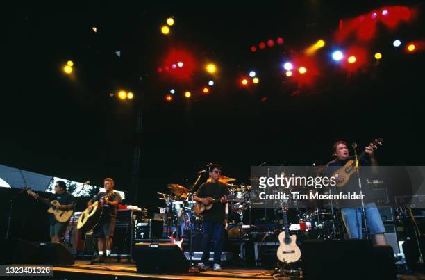 Cesar Rosas, Conrad Lozano, Steve Berlin, Louie Pérez, and David Hidalgo of Los Lobos perform at Shoreline Amphitheatre on August 22, 1998 in...