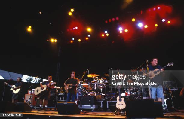 Cesar Rosas, Conrad Lozano, Steve Berlin, Louie Pérez, and David Hidalgo of Los Lobos perform at Shoreline Amphitheatre on August 22, 1998 in...
