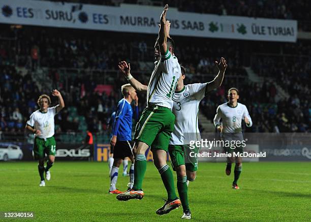 Robbie Keane of Republic of Ireland celebrates his goal during the Estonia and Republic of Ireland, EURO 2012 qualifier, play off first leg at the A...