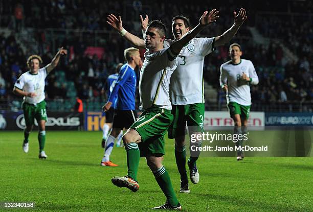 Robbie Keane of Republic of Ireland celebrates his goal during the Estonia and Republic of Ireland, EURO 2012 qualifier, play off first leg at the A...