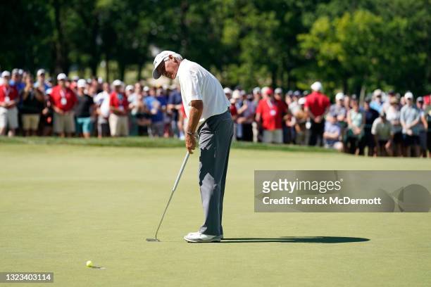 Fred Couples of the United States misses a putt for par on the 18th green during the final round of the American Family Insurance Championship at...