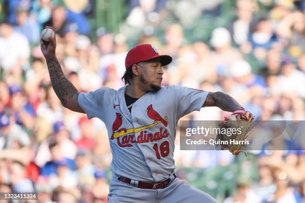 Carlos Martinez of the St. Louis Cardinals pitches in the first inning against the Chicago Cubs at Wrigley Field on June 13, 2021 in Chicago,...