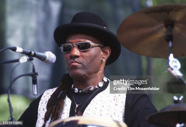 Cyril Neville of The Neville Brothers performs during the Santa Cruz Blues Festival at Aptos Village Park on May 23, 1998 in Aptos, California.