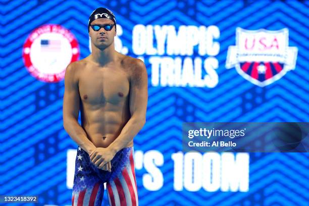 Michael Andrew of the United States prepares to compete in a semifinal heat for the Men's 100m breaststroke during Day One of the 2021 U.S. Olympic...