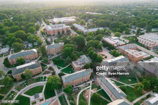 aerial over north carolina central university in the spring - duke stock pictures, royalty-free photos & images