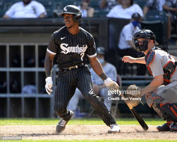 Tim Anderson of the Chicago White Sox bats against the Detroit Tigers on June 5, 2021 at Guaranteed Rate Field in Chicago, Illinois. The White Sox...