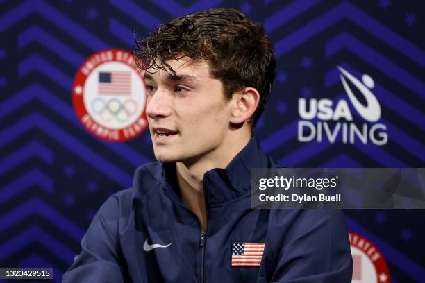 Tyler Downs speaks to the media after placing first in the men's 3-meter springboard final during day 8 of the 2021 U.S. Olympic Diving Trials at...