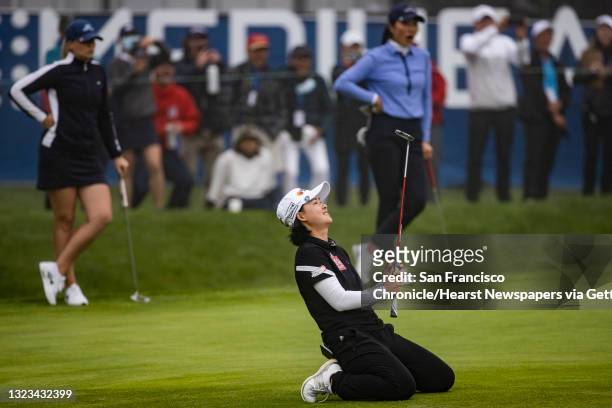 Min Lee of Chinese Taipei reacts after missing a birdie on the 18th hole during the final round of LPGA Mediheal Championship at Lake Merced Golf...