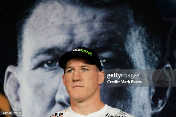 Paul Gallen looks on during a media opportunity to promote the Paul Gallen v Justis Huni Heavyweight fight at Sydney ICC Exhibition Centre on June...