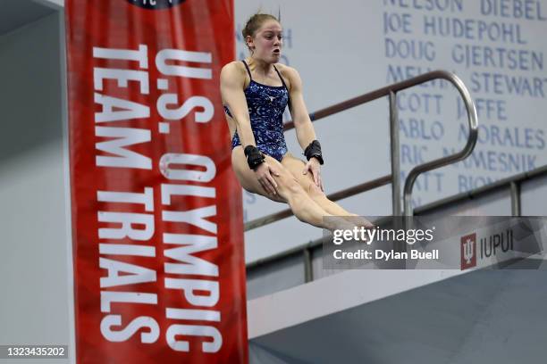 Janie Boyle competes in the women's 10-meter platform final during day 8 of the 2021 U.S. Olympic Diving Trials at Indiana University Natatorium on...