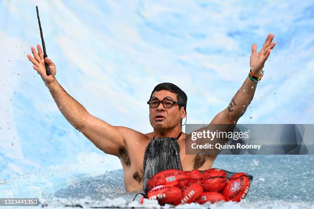 Jeff Farmer goes down the slide during the Big Freeze slide at Melbourne Cricket Ground on June 14, 2021 in Melbourne, Australia. The annual event...