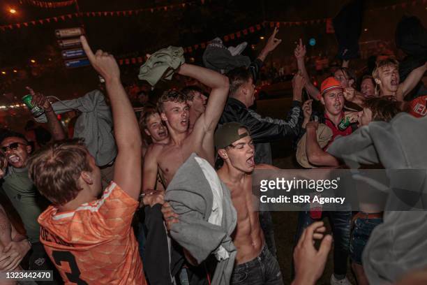 Dutch fans celebrate the Netherlands national football team's victory in their opening game against Ukraine during the UEFA Euro 2020 Championship on...