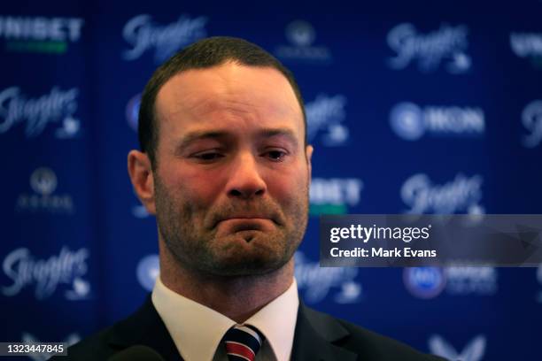 Roosters player Boyd Cordner in tears as he announces his retirement from Rugby League during a Sydney Roosters NRL media opportunity at Sydney...