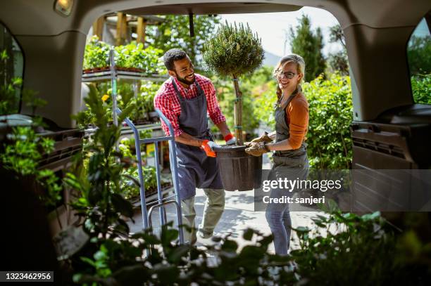 trabajadores de centros de jardinería que transportan plantas - centro de jardinería fotografías e imágenes de stock
