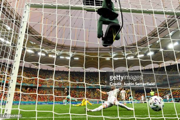 Egzon Bejtulai of North Macedonia attempts to block as Marko Arnautovic of Austria scores his side's third goal during the UEFA Euro 2020...