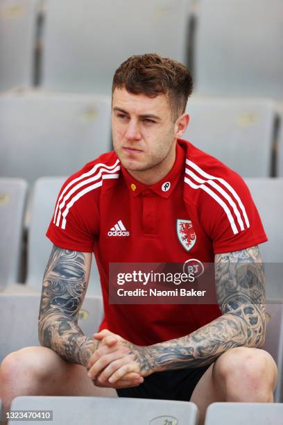 Joe Rodon of Wales speaks to the media ahead of a training session at Tofiq Bakhramov Stadium ahead of the UEFA Euro 2020 Championship on June 14,...