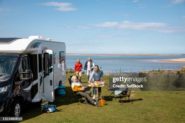 lunch picnic style - camper van stockfoto's en -beelden