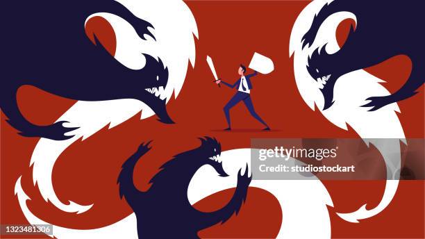 armed businessman defending monsters - knight defending stock illustrations